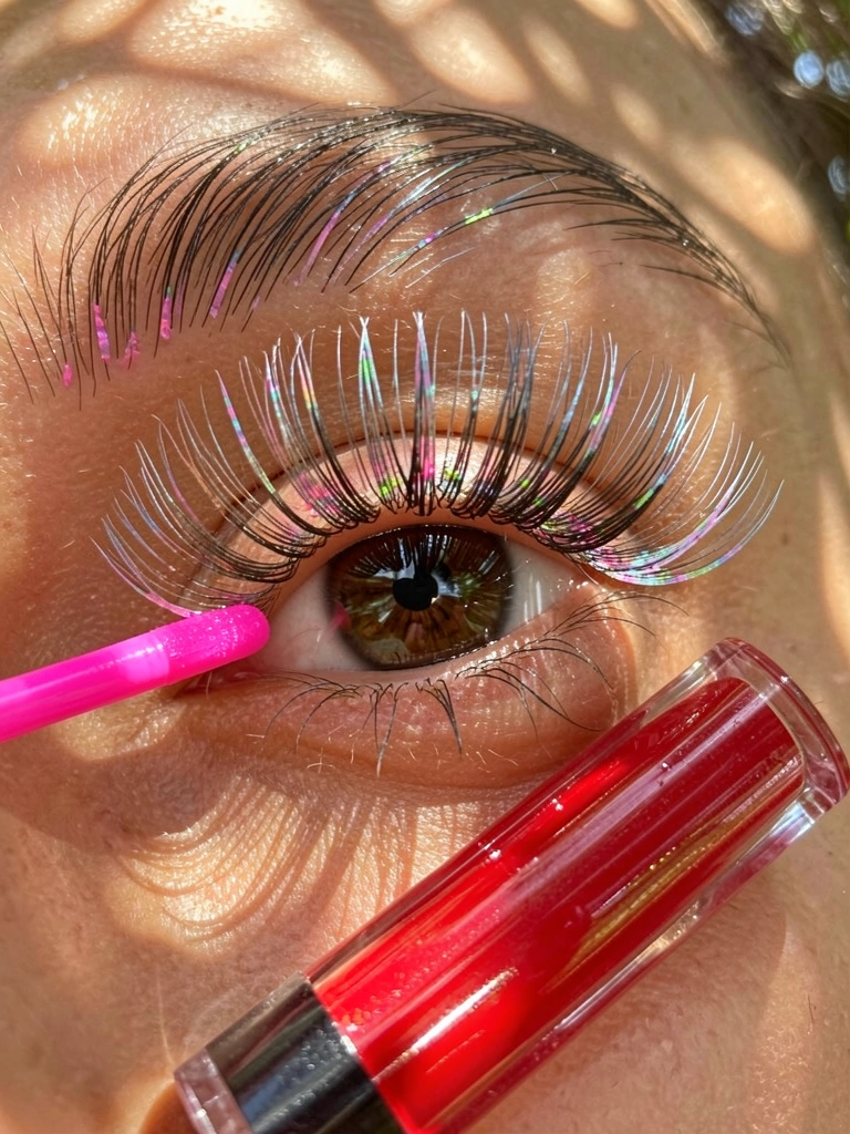 Close-up de olho castanho com cílios postiços volumosos e aplicador rosa, tubo de lipgloss vermelho abaixo, luz solar filtrada por folhas.