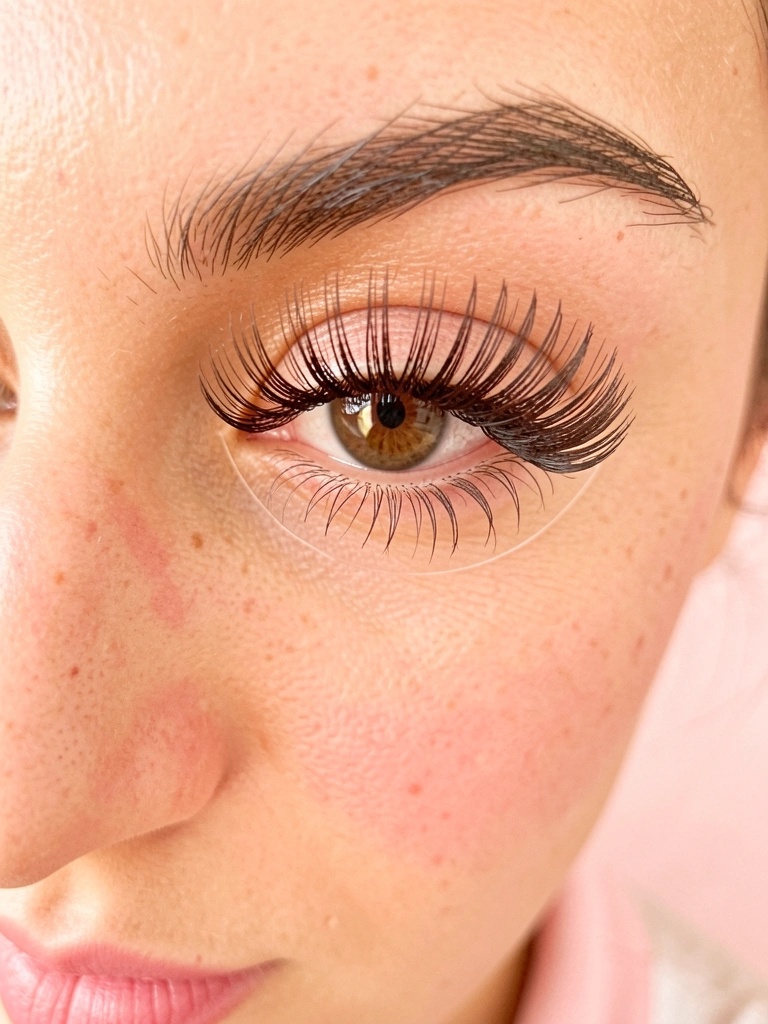 Close de olho feminino com cílios postiços longos e escuros, blush suave nas maçãs e batom rosa, luz natural suave e fundo rosa desfocado.
