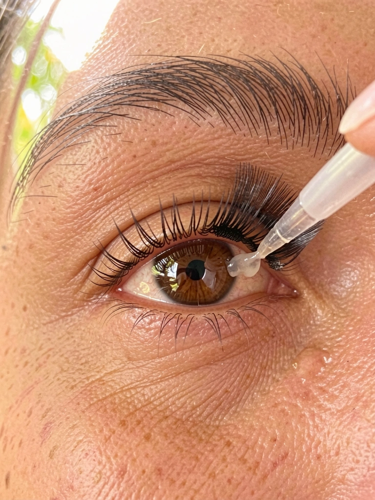 Close-up de olho castanho com cílios postiços sendo aplicados, cílios naturais visíveis, adesivo brilhante, pele com rugas finas, luz natural suave.
