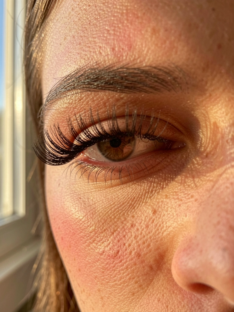 Close-up de olhos com cílios postiços volumosos, pele com textura detalhada, blush sutil e luz solar difusa e quente, com janela ao fundo.