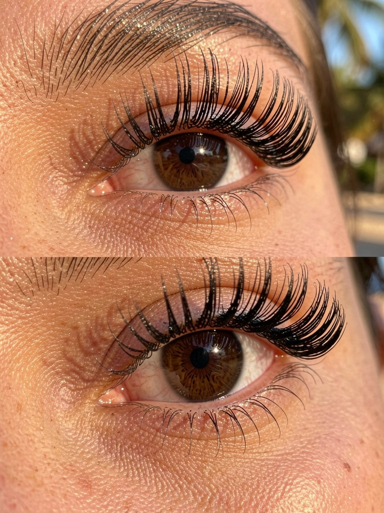 Close-up de cílios com rímel preto volumoso, íris marrom intensa e brilho sutil na pálpebra, luz natural com desfoque suave ao fundo.