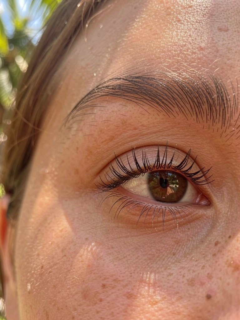 Close-up de olhos femininos com cílios definidos por rímel, luz natural filtrada por folhas e fundo desfocado com bokeh.