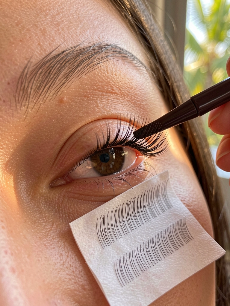 Primeiríssimo plano de olho feminino com cílios postiços sendo aplicados por pinça marrom, fita adesiva de cílios abaixo, luz natural suave.