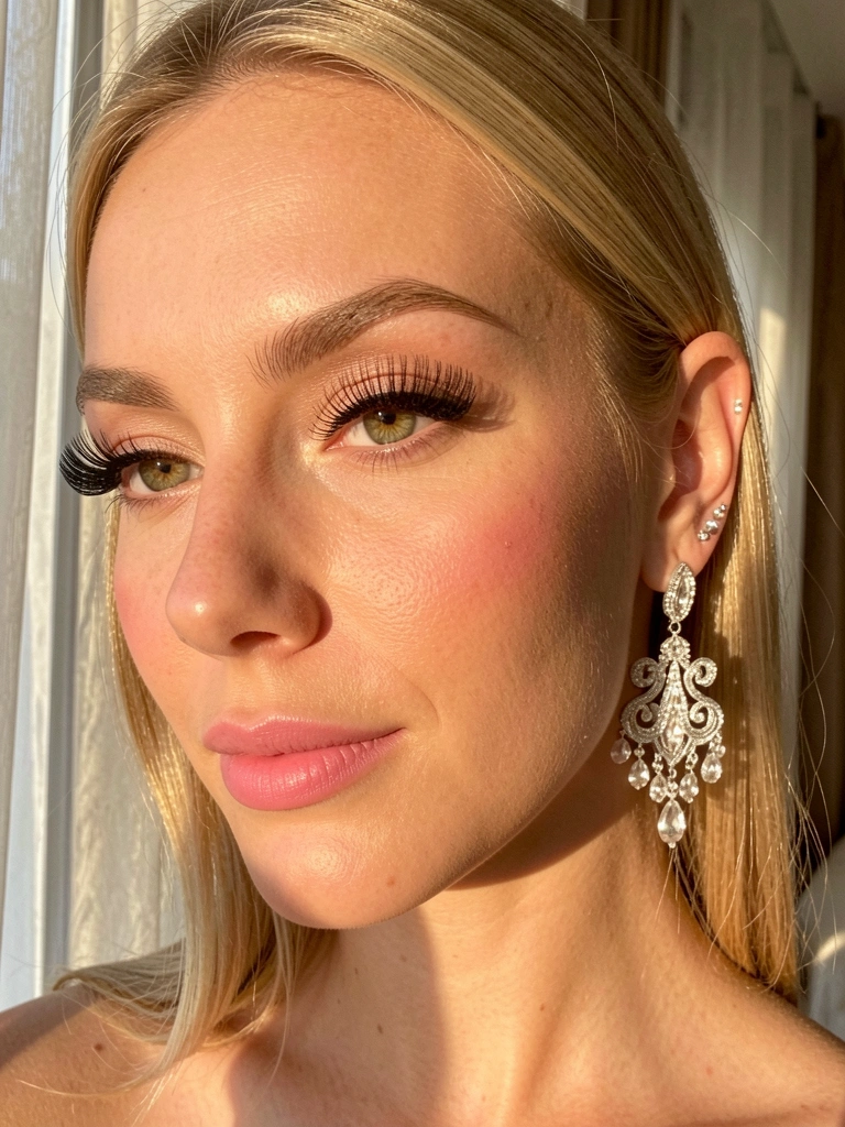 Close-up de mulher com cílios longos e brinco de prata e cristal, pele iluminada por luz natural difusa, fundo desfocado.
