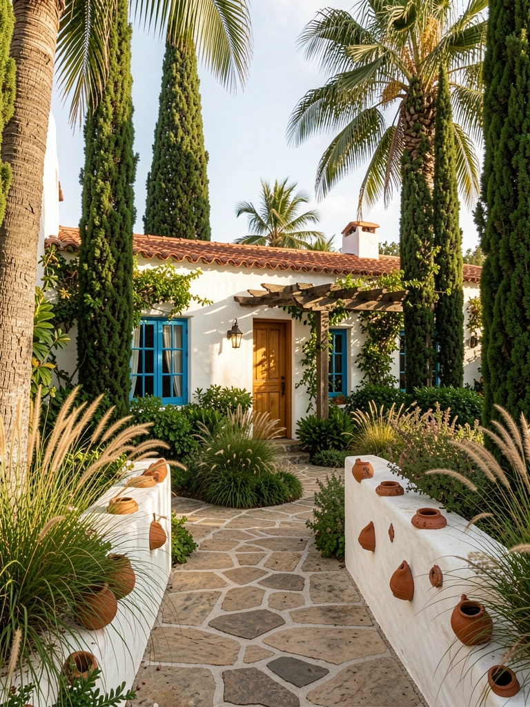 Casa de estuque branco com telhado terracota, janelas de moldura azul e porta de madeira, cercada por palmeiras e ciprestes sob luz solar natural.