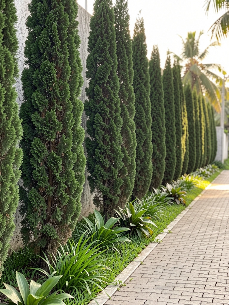 Longa fileira de árvores esguias de folhagem verde-escura formando cerca viva ao lado de caminho de pedras, grama verde e muro de concreto claro ao fundo, luz natural filtrada.