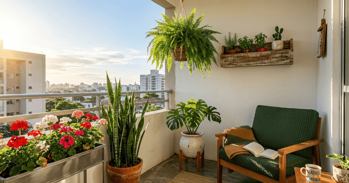 decoração de varanda com plantas pendentes