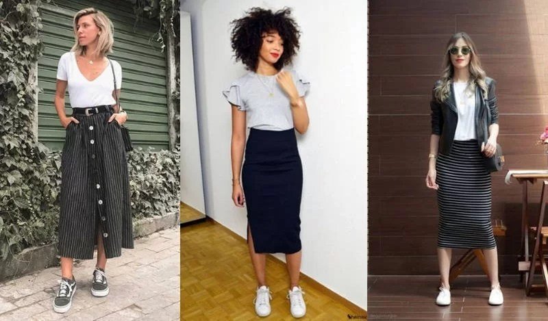 saia midi com tenis como combinar