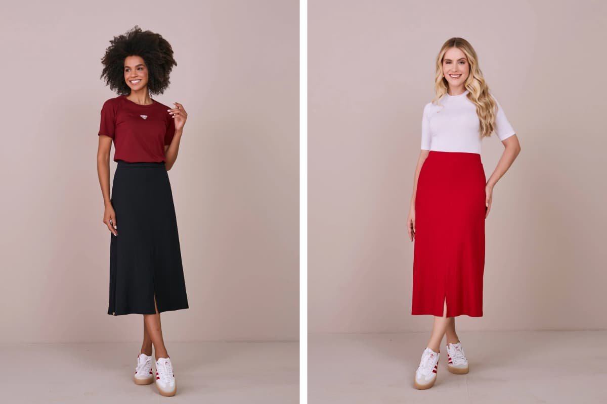 saia midi de couro com tenis preto