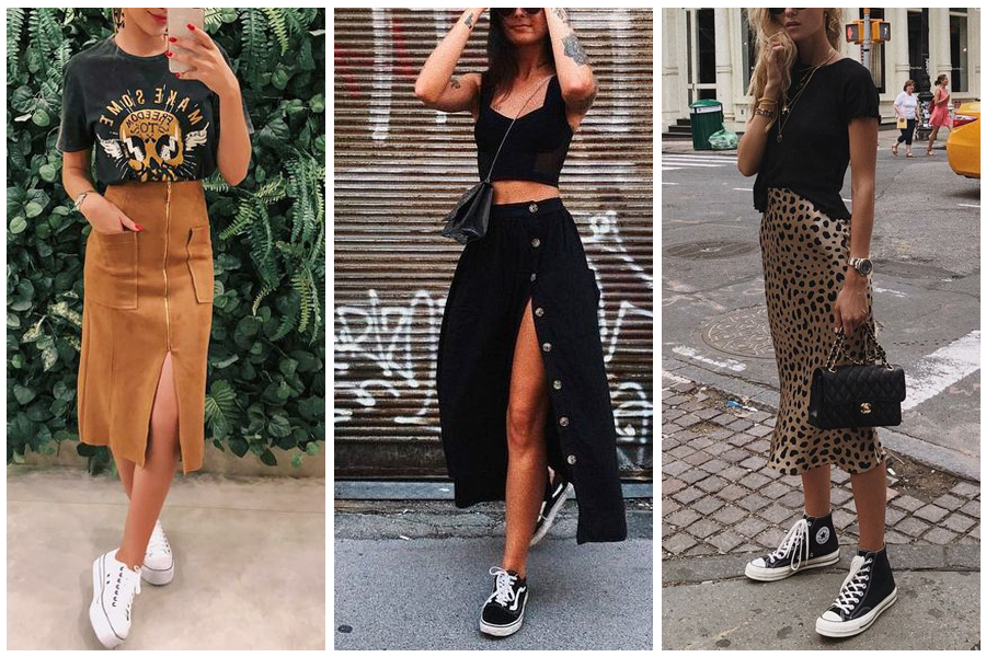 saia midi jeans com tenis preto