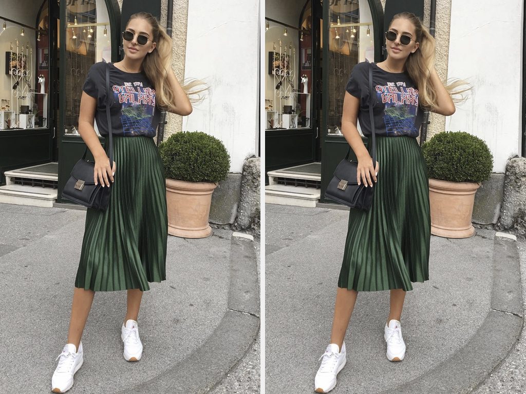 looks com tenis preto e saia midi 2026