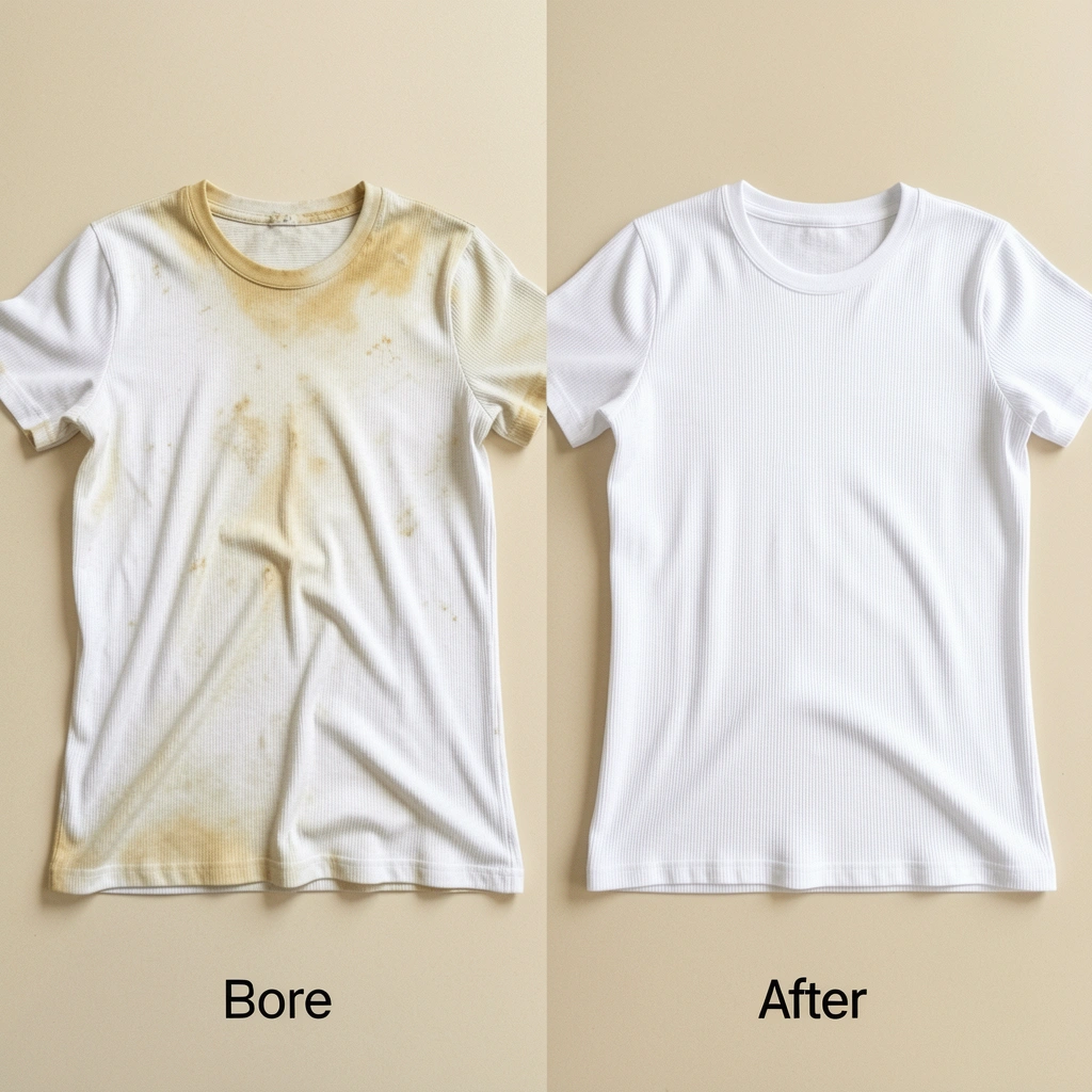 Mãos segurando uma camiseta branca limpa ao lado de uma bacia com água e sabão em pó