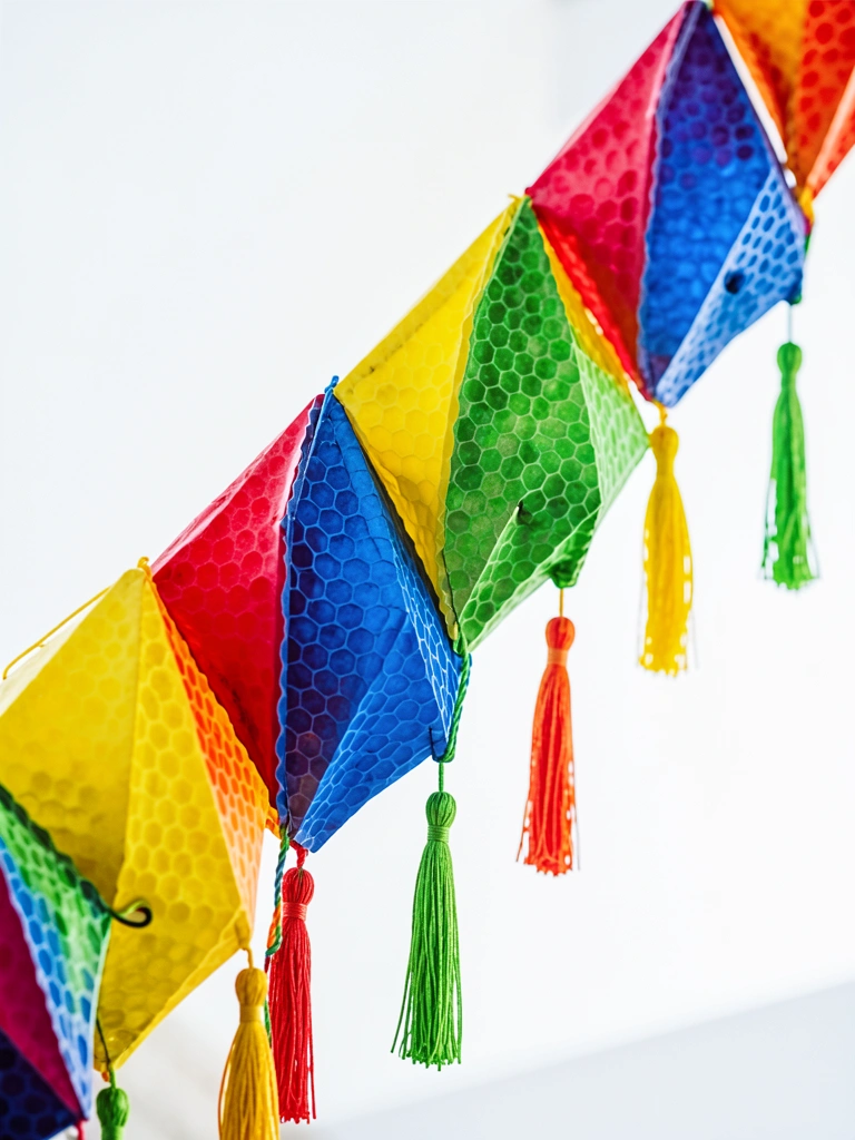 Luminárias de papel geométrico em vermelho, amarelo, azul e verde, com franjas pendentes, suspensas em fundo branco com luz natural.