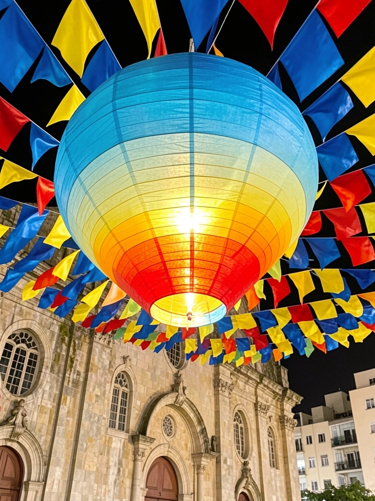 Papelão gigante com gradiente azul, amarelo e vermelho sob centenas de bandeirinhas coloridas, igreja histórica e luz noturna ao fundo.