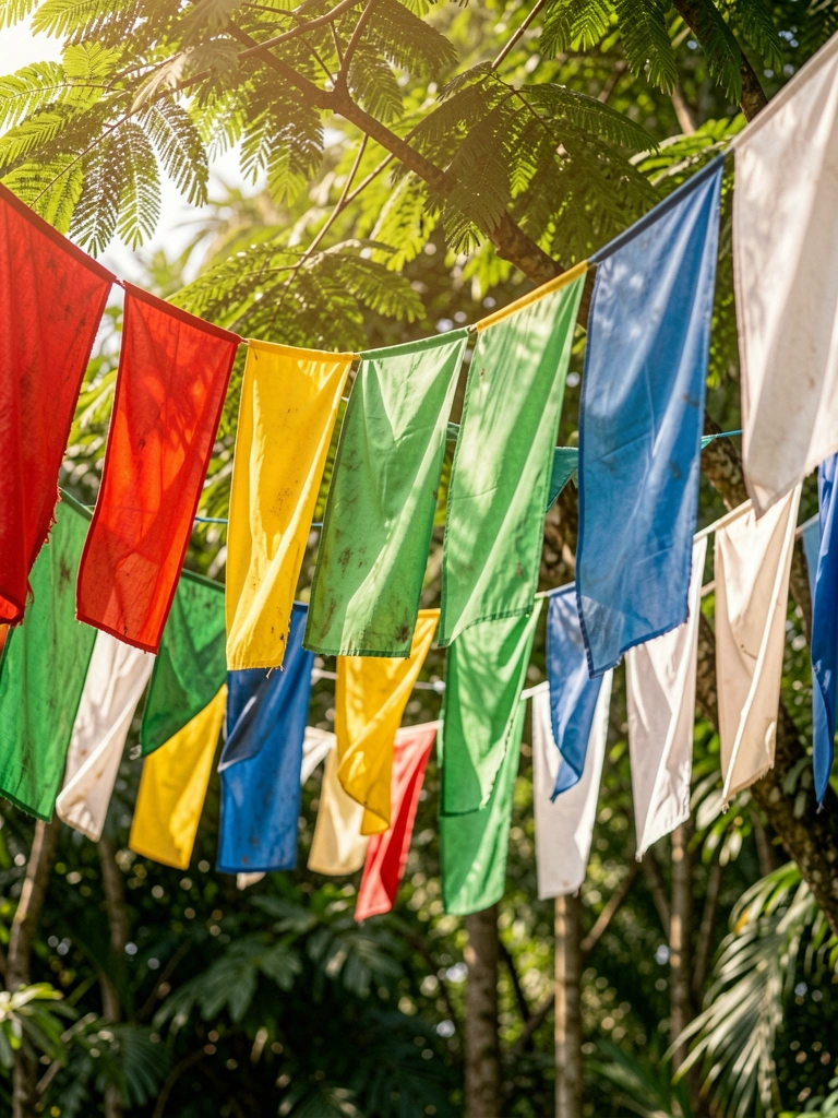 Bandeirinhas coloridas de festa junina penduradas entre árvores sob luz natural do sol, com verde da mata ao fundo.