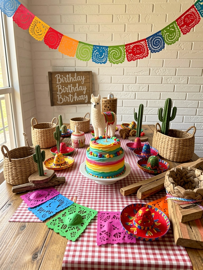 Mesa de madeira com toalha xadrez, bolo colorido de três andares, miniaturas de cactos e sombrero, bandeirolas de papel penduradas, luz natural sobre fundo de tijolos brancos.