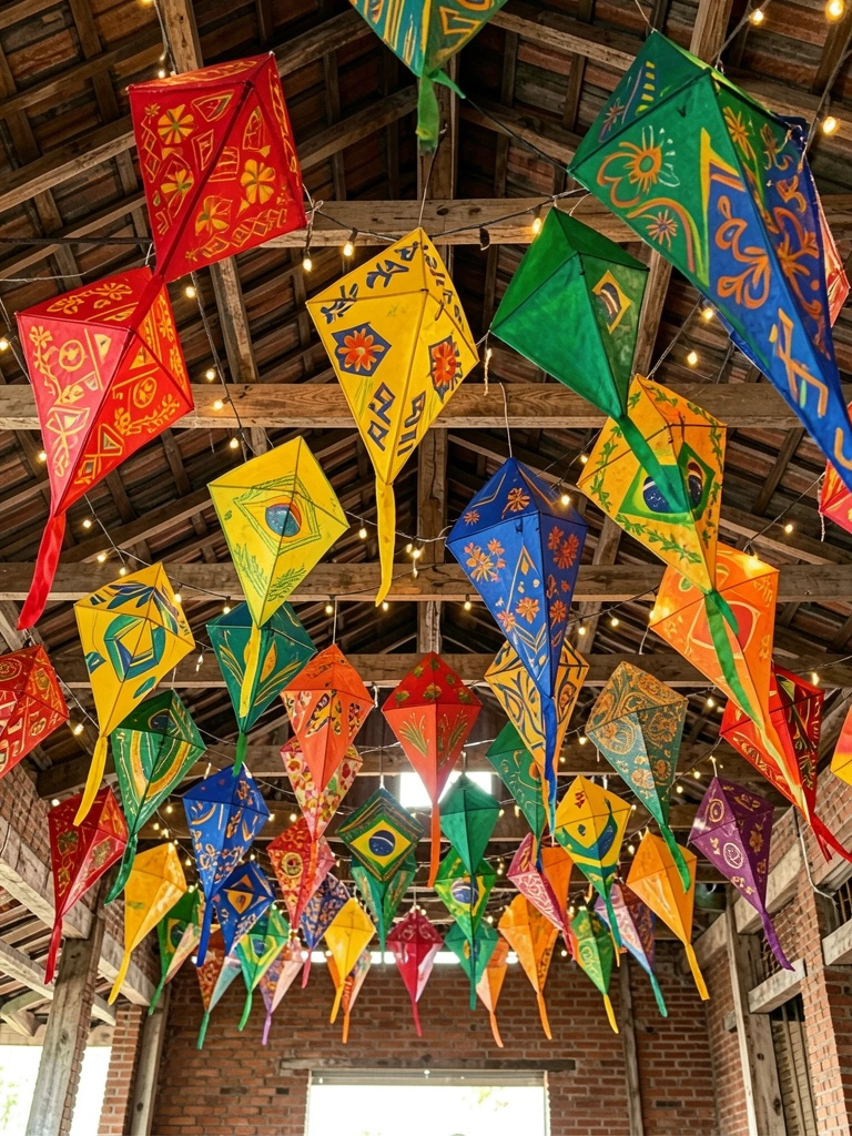 Pipas coloridas de papel, em tons de vermelho, amarelo e azul, pendem de vigas de madeira rústica com luzes de cordão ao fundo.
