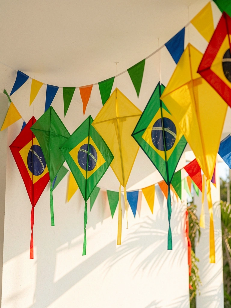 Pipa vermelha, verde e amarela pendurada em varal de bandeirinhas azuis, laranjas e verdes sob luz natural de dia.