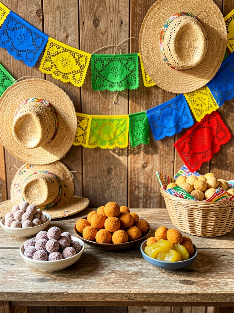 Mesa rústica de madeira com bandeirinhas de papel azuis, amarelas e verdes, chapéus de palha e ararais sobre parede texturizada, luz natural do dia.
