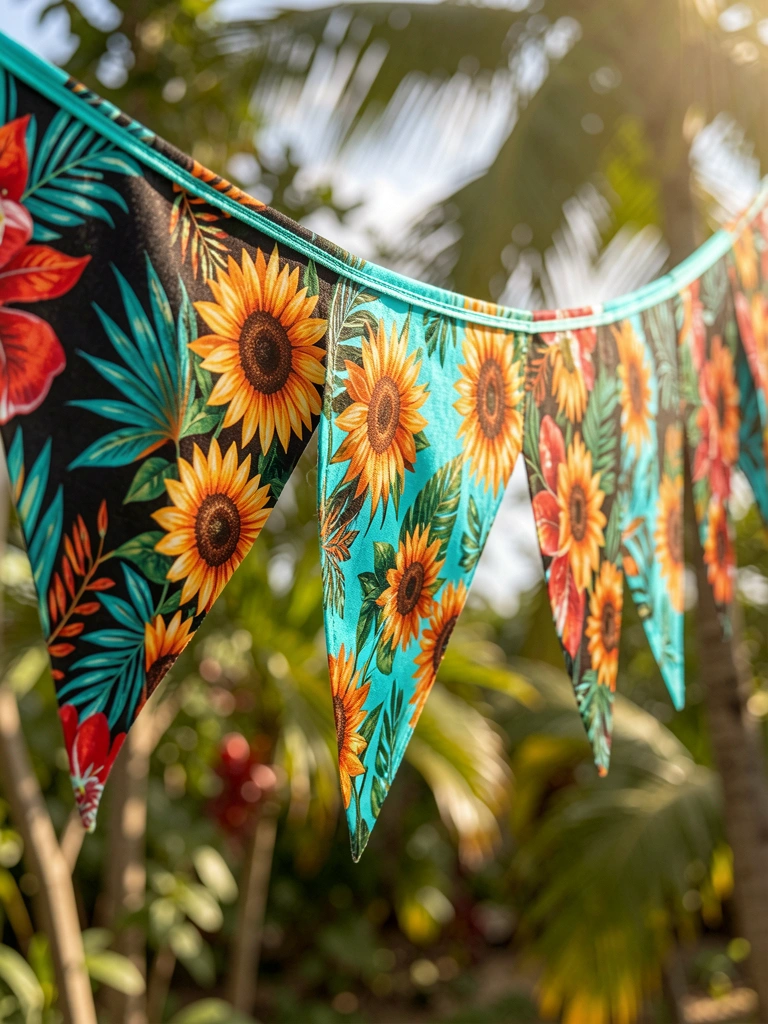 Bandeirolas de tecido com estampas de girassóis e folhagens tropicais em preto, turquesa, laranja e vermelho, suspensas por cordão turquesa, com luz natural.