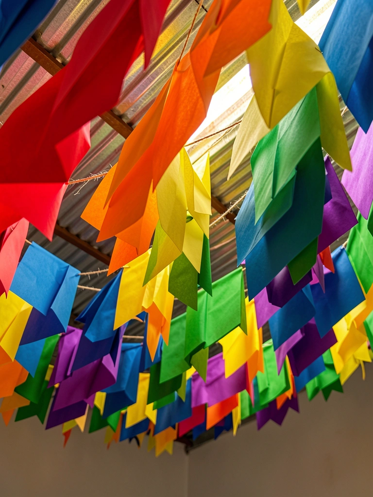 Bandeirinhas de papel coloridas penduradas no teto de metal corrugado, com luz solar filtrada criando um efeito vibrante e festivo.