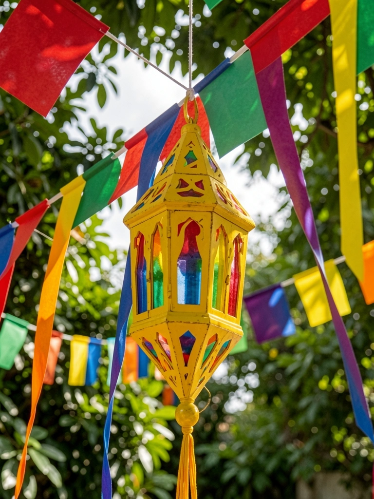 Lanterna amarela com painéis coloridos suspensa em meio a bandeirinhas de papel vermelhas, azuis, verdes e laranjas, sob luz natural filtrada por folhagens.
