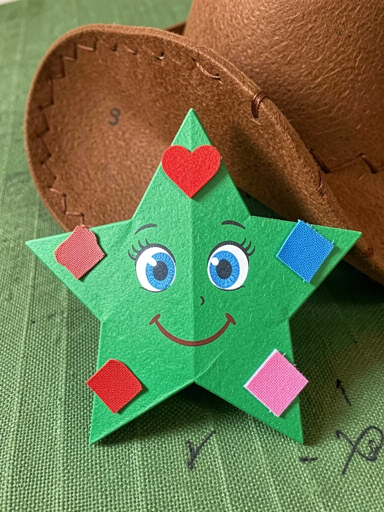 Estrela de papel verde com olhos azuis e sorriso, chapéu de feltro marrom ao fundo, colagem de retalhos coloridos, luz natural suave.