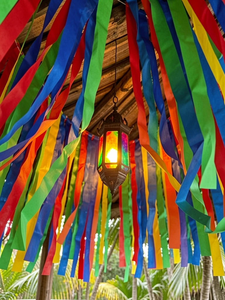 Instalação densa de streamers coloridos de papel e celofane pendurados em teto rústico de madeira, com lanterna brasileira de vidro colorido acesa, luz difusa e fundo desfocado.