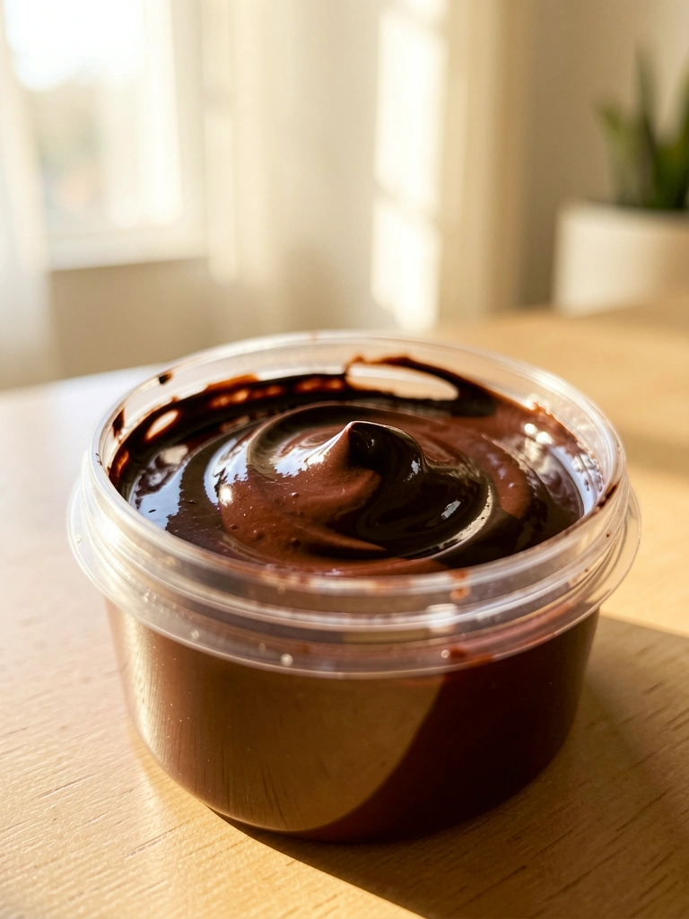 Tinta marrom escura e brilhante em pote plástico transparente, luz natural incide na superfície, fundo desfocado com claridade.