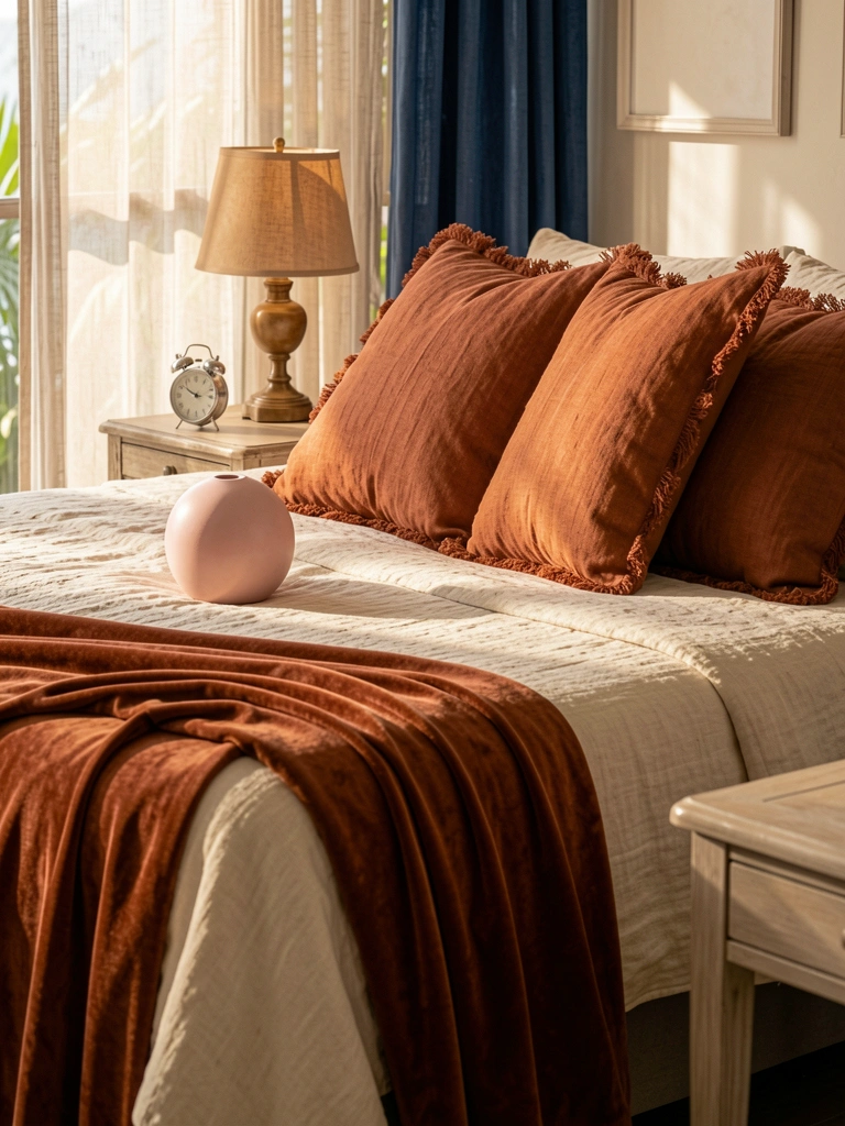 Cama com edredom de linho creme, manta e almofadas em veludo ferrugem, esfera de cerâmica rosa-claro e mesa lateral com lampião e despertador prateado, luz natural filtrada por cortinas.