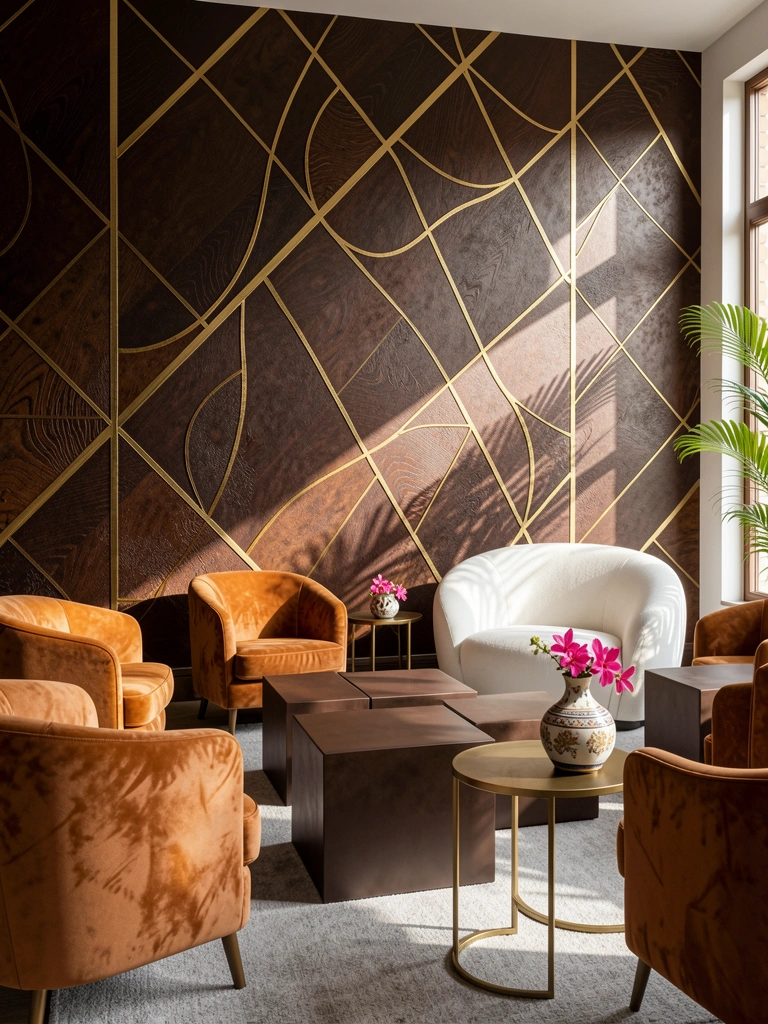 Mural geométrico marrom-escuro com linhas douradas, poltronas de veludo caramelo e mesa lateral dourada com vaso de flores rosas, sob luz natural.