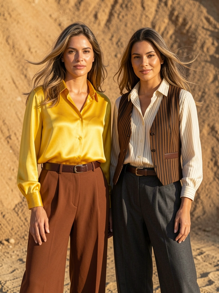 Duas mulheres em pé ao ar livre com blusas de seda e coletes listrados, calças largas marrons e cintos de couro, sob luz natural e vento suave.