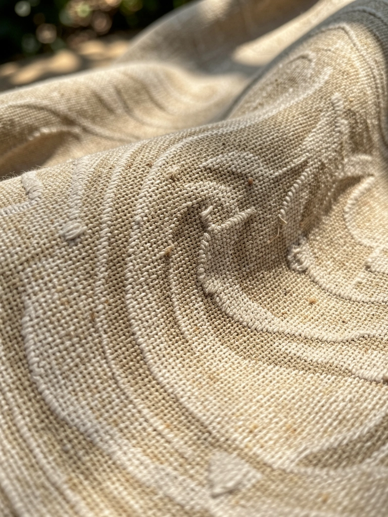 Close-up de tecido bege texturizado com padrões ondulados, fibras visíveis e luz natural suave, fundo desfocado com luz salpicada.