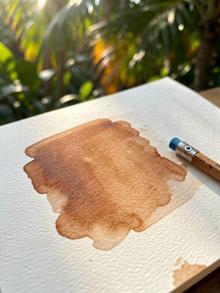 Mancha de tinta marrom em papel texturizado, pincel com borracha azul ao lado, luz natural com verde tropical desfocado ao fundo.
