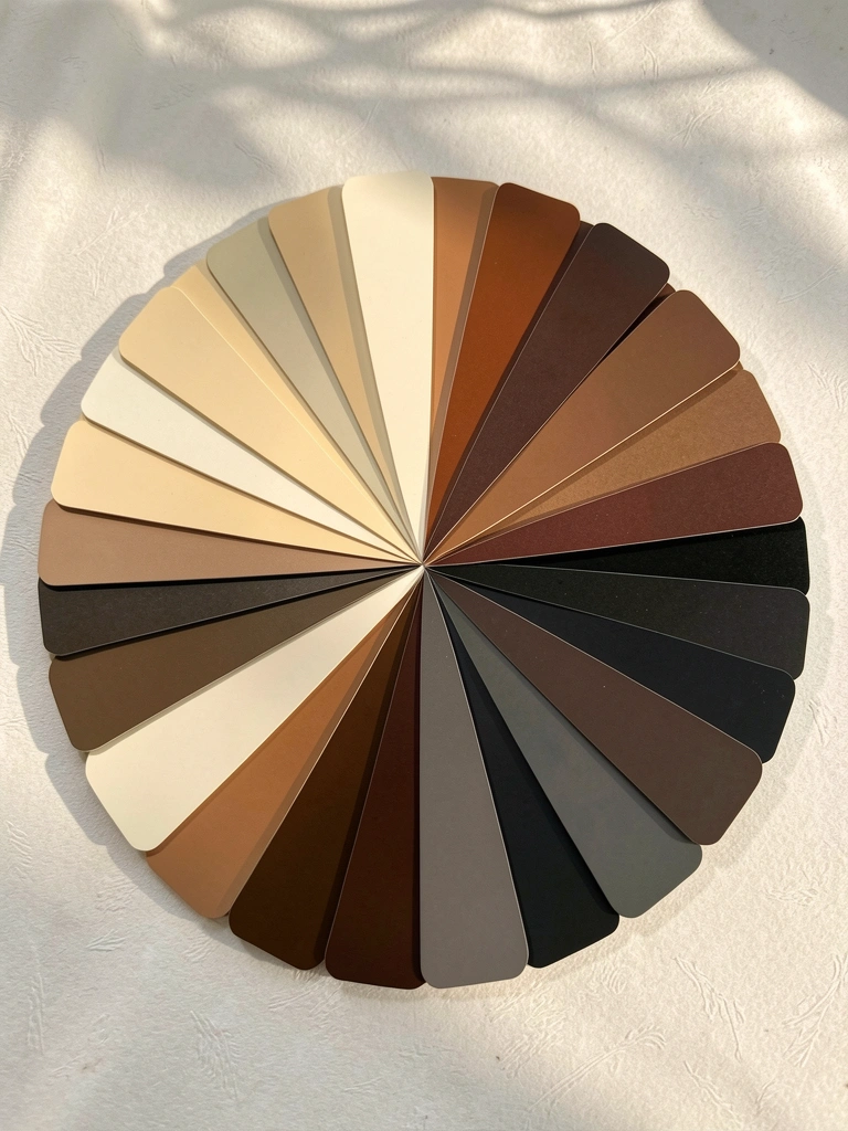 Círculo cromático com amostras sobrepostas em tons de marrom, creme e preto, iluminado por luz natural sobre superfície branca texturizada.