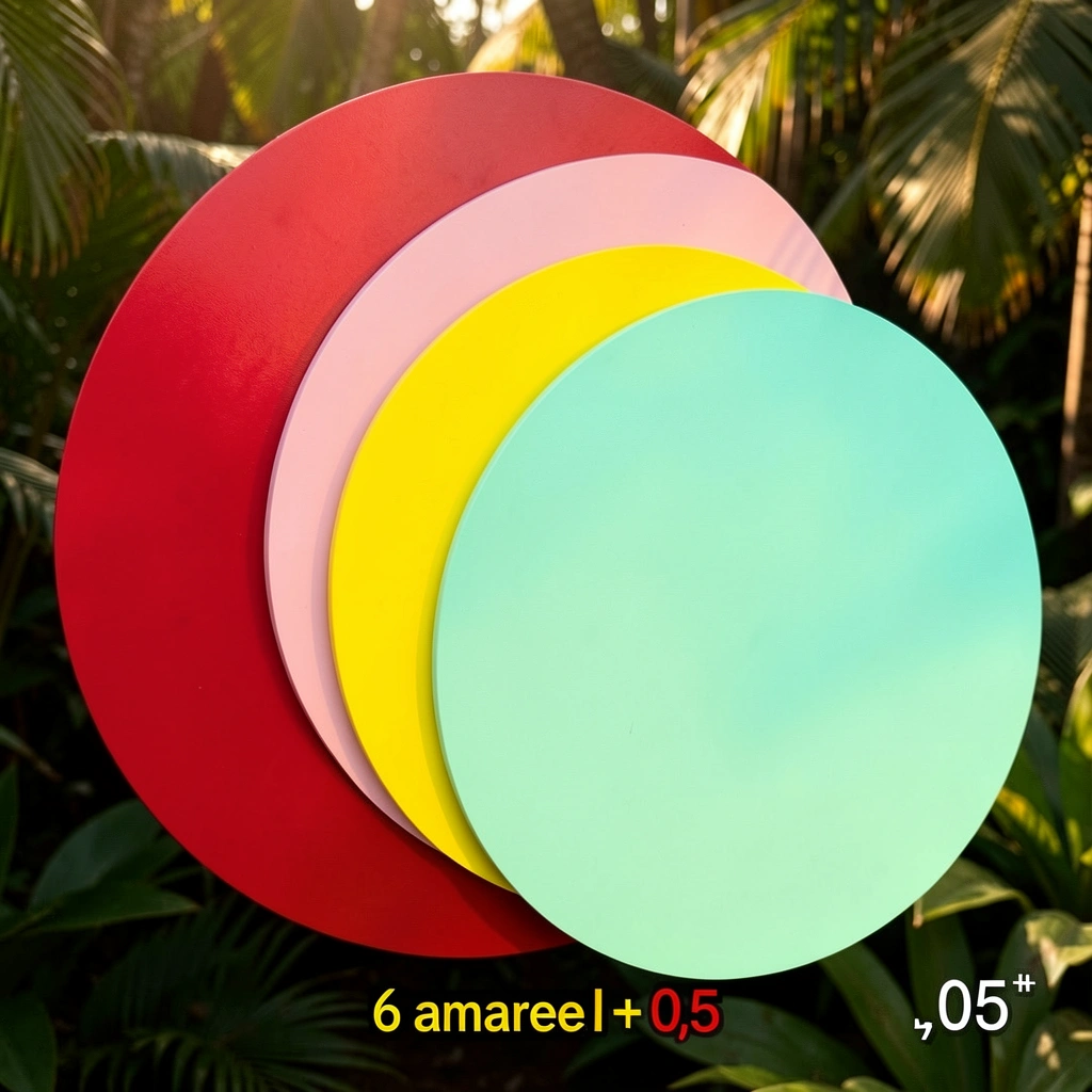 Círculos sobrepostos em vermelho, rosa, amarelo, azul, verde e turquesa, com saturação pura e iluminação quente sobre fundo escuro.