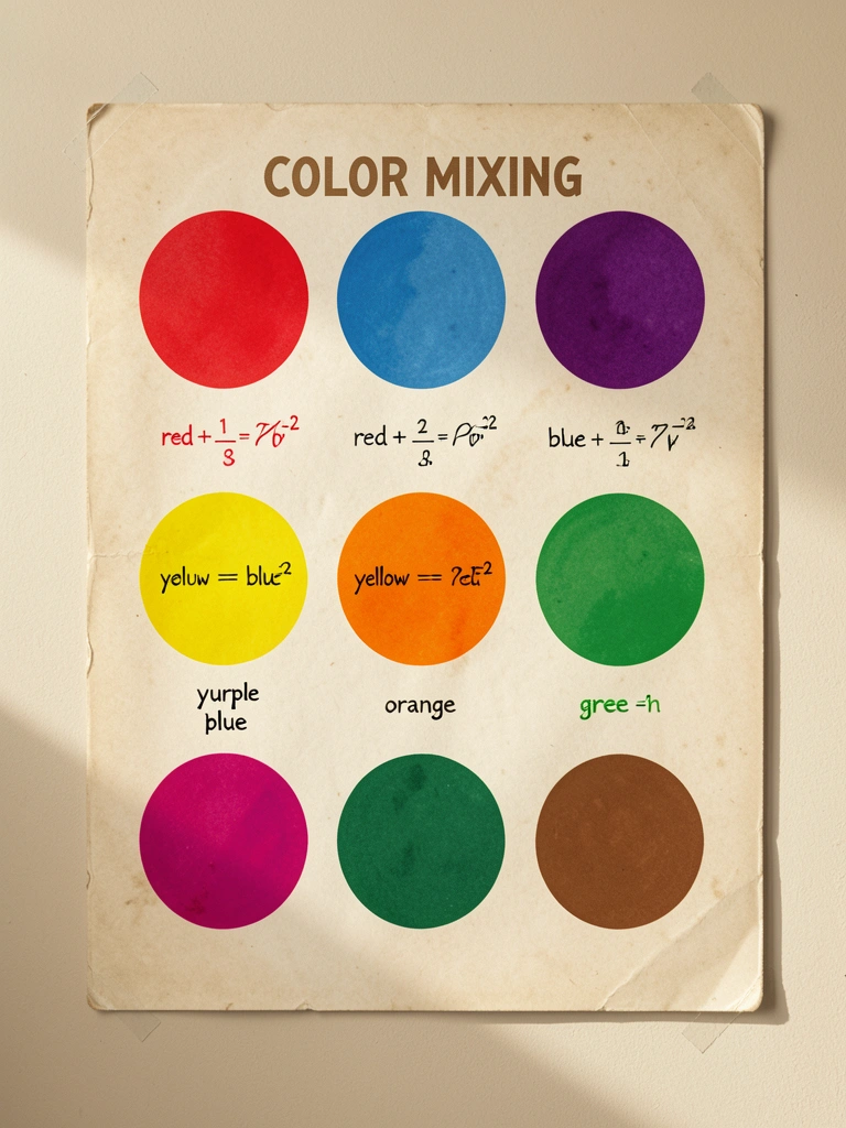 Poster educativo de mistura de cores em papel texturizado envelhecido, com círculos coloridos e equações como vermelho + azul = roxo, em luz natural suave.