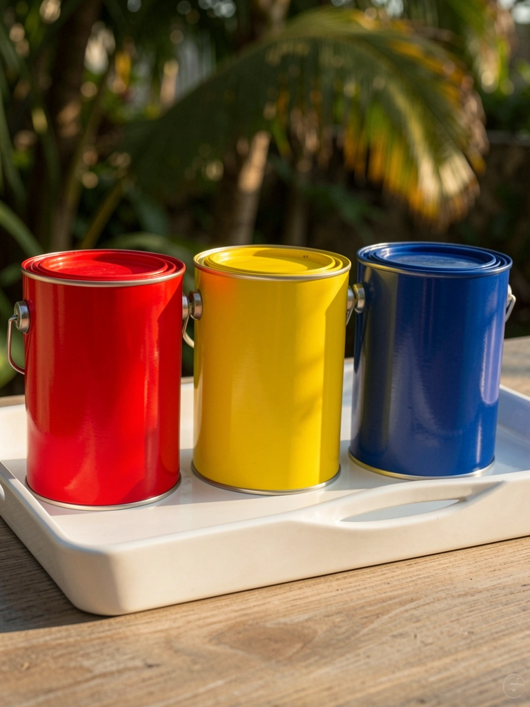 Três latas de tinta vermelha, amarela e azul em bandeja branca de cerâmica, luz natural suave e sombras longas.