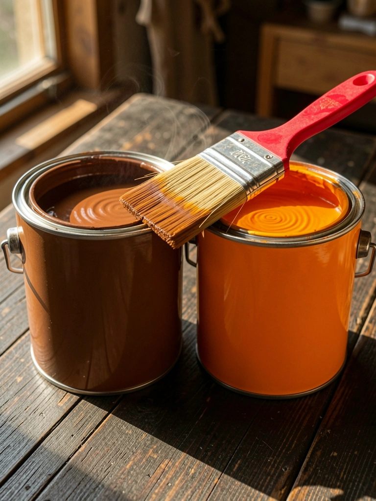 Dois potes de tinta de cerâmica, um com marrom e outro com laranja vibrante, pincel de cabo vermelho apoiado, sobre mesa de madeira escura com luz natural.