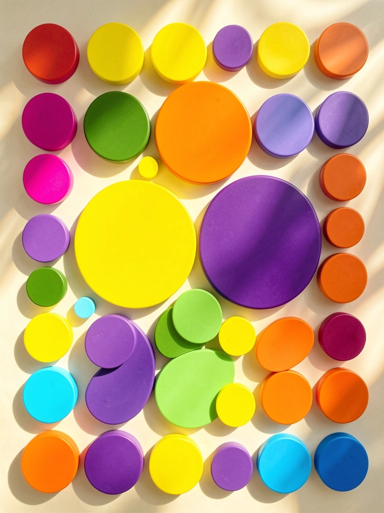 Círculos vibrantes em amarelo, roxo e laranja dispostos em grade, com pequenos círculos em magenta, verde, ciano e azul, sob luz natural difusa.