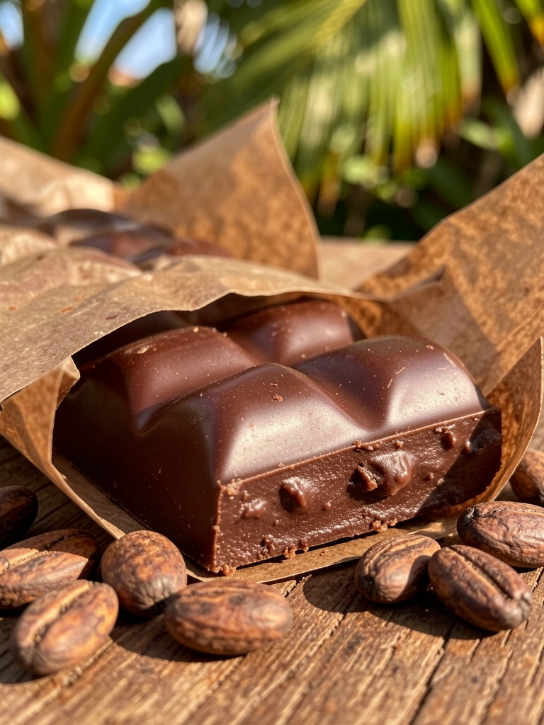 Barra de chocolate meio amarga parcialmente desembrulhada, superfície lisa e brilhante com grãos de cacau ao redor, luz natural e fundo com folhagens tropicais.