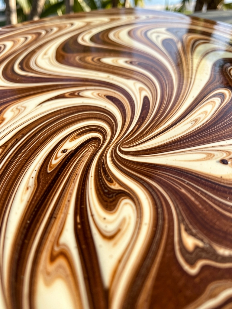 Mármore marrom e creme com redemoinhos ondulados, textura rica e luz natural intensa destacando curvas fluidas.