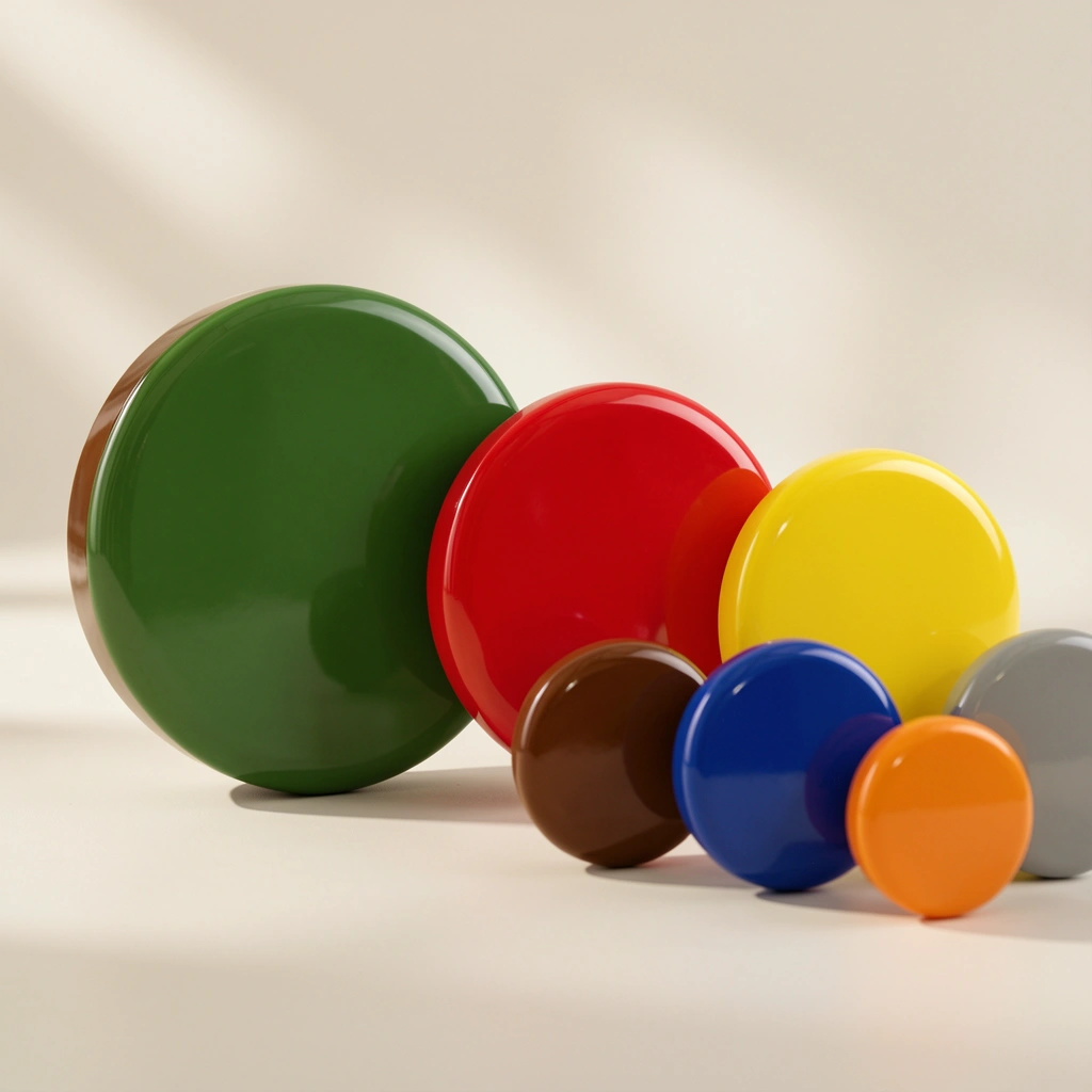 Círculos geométricos em marrom, verde, vermelho, amarelo, azul, laranja e cinza sobre fundo neutro desfocado, com brilho intenso e luz difusa de estúdio.