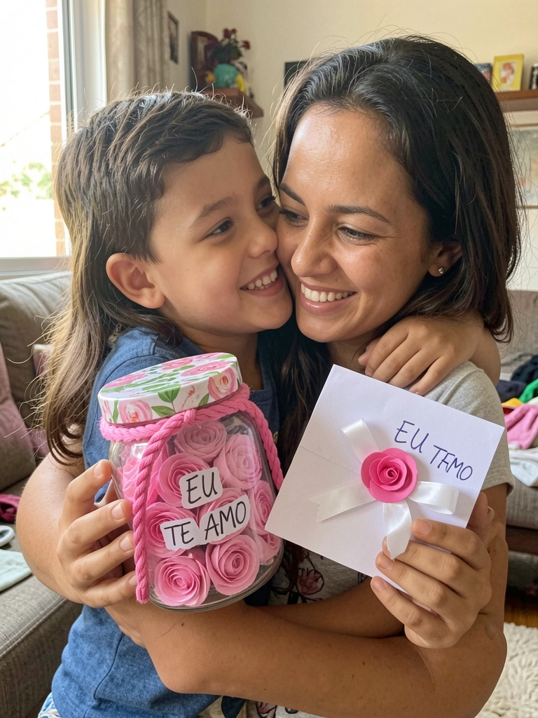 Mãe abraça filho que segura presente artesanal embrulhado em papel pardo.