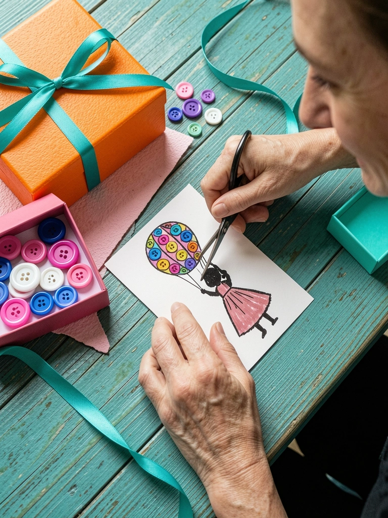 Mãos cortando papel colorido com tesoura sobre uma mesa de artesanato.