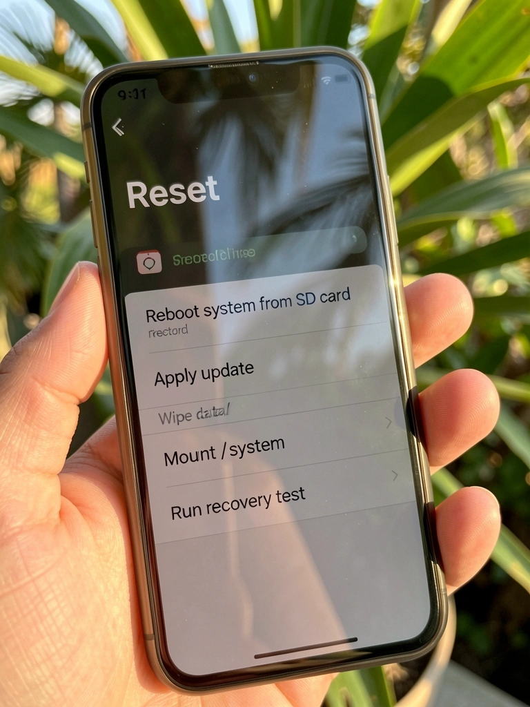 Smartphone na mão exibindo tela de reset com opções de recuperação, planta verde desfocada ao fundo sob luz natural.