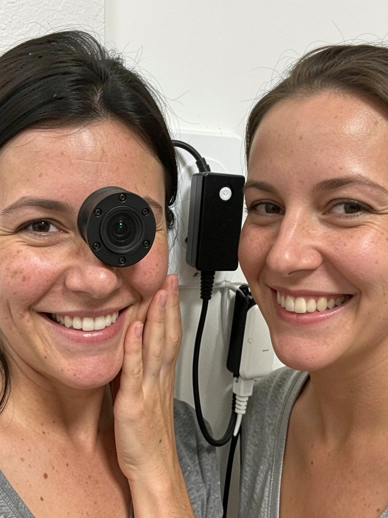 Mulher sorrindo ao lado de câmera de segurança instalada na parede.
