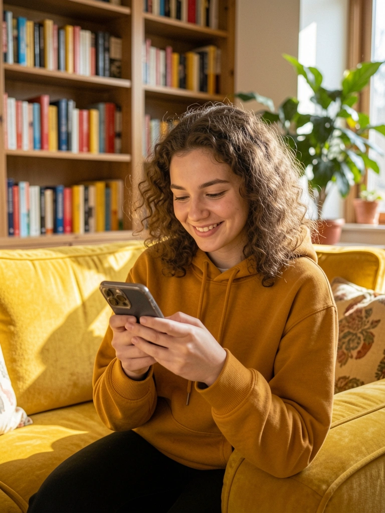 Curly-haired woman in mustard hoodie smiling at smartphone on plush yellow sofa, bookshelf and plant in background, soft window light.
