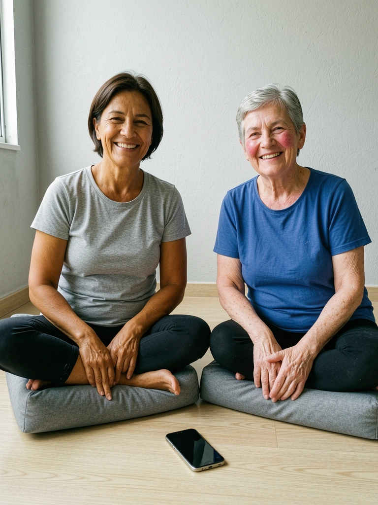 Pessoa sentada de pernas cruzadas no chão de um quarto claro, com as mãos apoiadas nos joelhos e os olhos fechados, em postura de meditação.