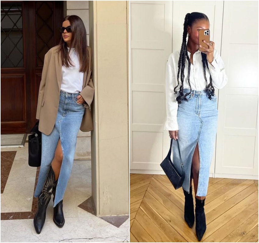 como usar saia jeans com bota cano curto